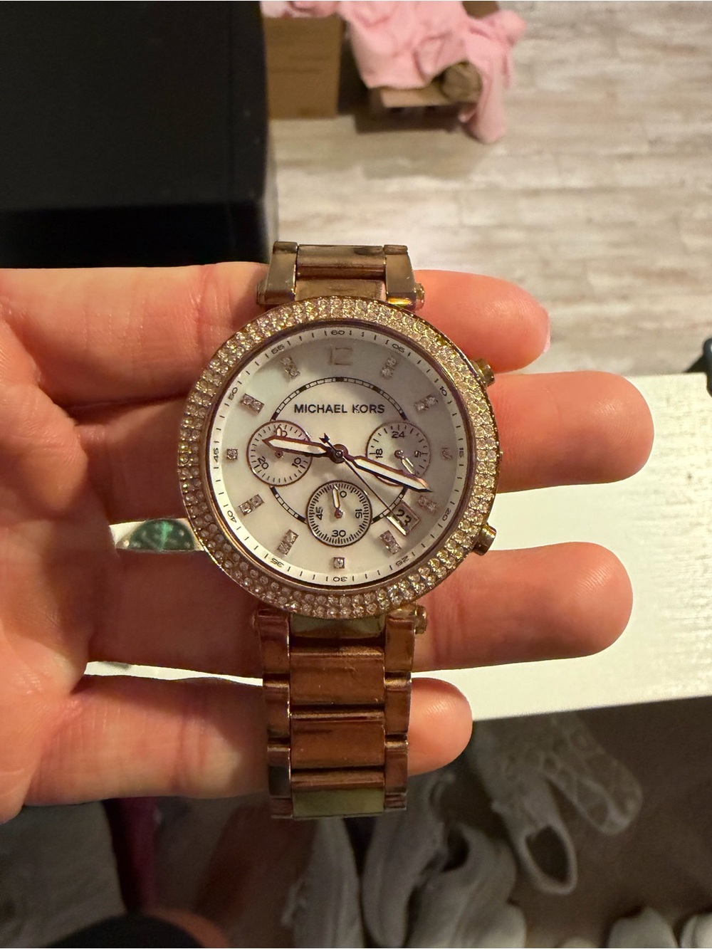 Michael Kors Rose Gold Tone Crystal Bezel Chronograph Watch